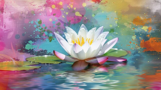  A white water lily on water with splashed paint on the backdrop wall