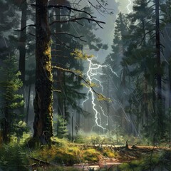 A forest scene with a single tree struck by lightning, emphasizing the impact on nature hyper realistic - obrazy, fototapety, plakaty