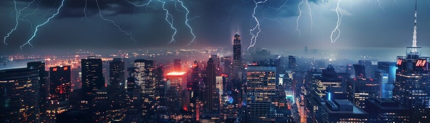 A city skyline at night, momentarily lit by a dramatic lightning flash, contrasting urban life with natural phenomena low texture