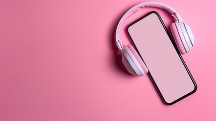 Live streaming with mobile phone and wireless headset on the pink background