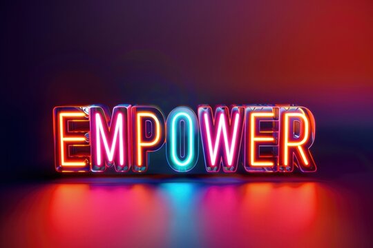 3D text "EMPOWER" with a neon red and blue gradient effect on a reflective surface