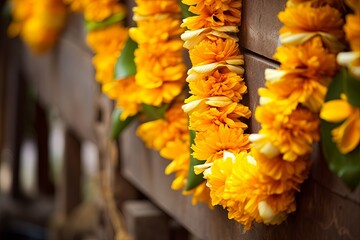Traditional Indian floral garland with marigold flowers and mango leaves. Decoration for Indian hindu holidays or wedding. garland, decoration, flower beads - obrazy, fototapety, plakaty