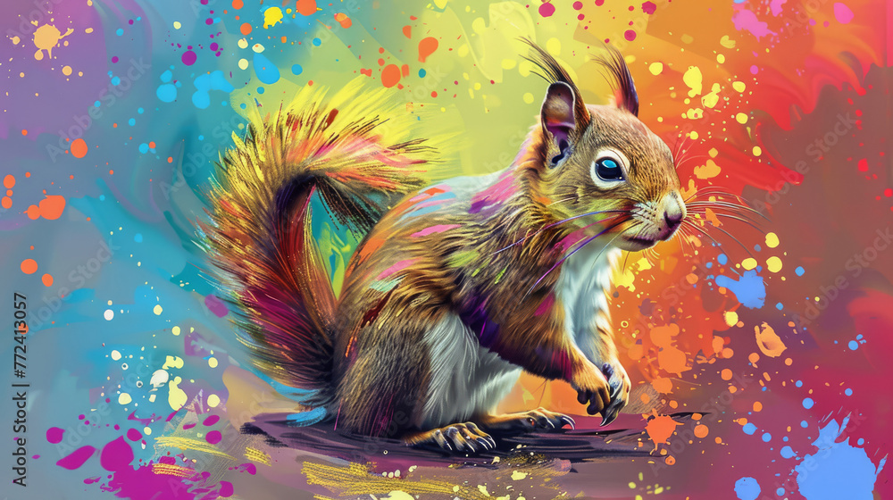 Poster a squirrel with multicolored splatter on its face and tail against a colorful backdrop
