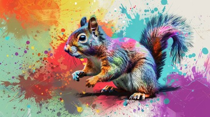  A colorful image depicts a squirrel perched on hind legs, surrounded by splattered paint on an energetic backdrop