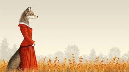  A portrait of a female wearing scarlet attire, with a canine on its back, against a pastoral backdrop - obrazy, fototapety, plakaty