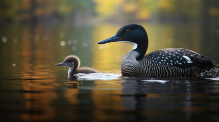 Loon duck and the baby group on the water, in the style of national geographic photo, loon family. - obrazy, fototapety, plakaty