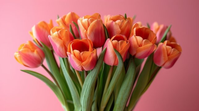  Orange and pink tulips in a vase against a pink backdrop, featuring a pink wall in the distance