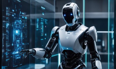 Artificial intelligence humanoid robot working on Screen touch to diagnosis patient with technology hologram, a data network connection background. technology concept