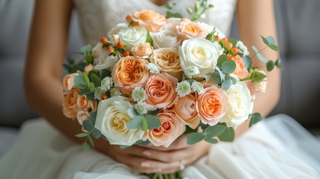  A bride carries an orange-and-white floral bouquet and green foliage against a gray backdrop on her wedding day