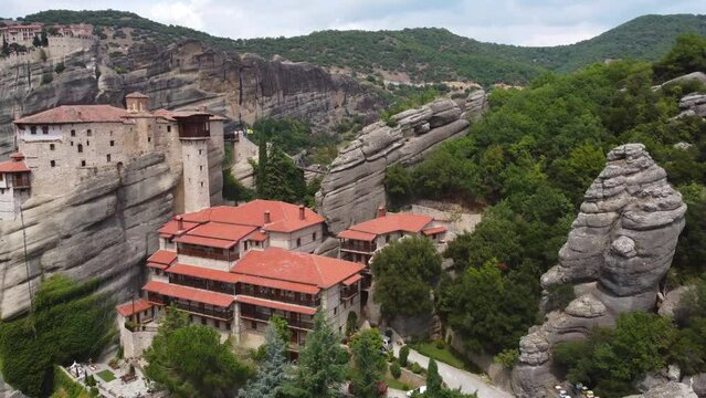Aerial view of Holy Monastery of Rousanou (Saint Barbara) in Meteora, Greece. Holy Monastery of Roussanou (Rousanos), a UNESCO World Heritage site.