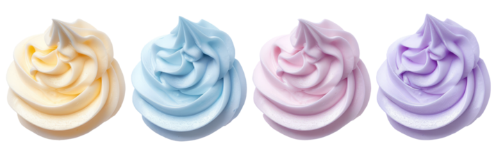 Colored Whipped cream swirls 3d set isolated on transparent background, clipart, cutout, png. Sweet cream curls.