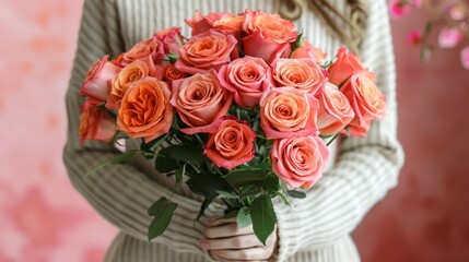  A person closely holds an orange-pink bouquet against a pink backdrop