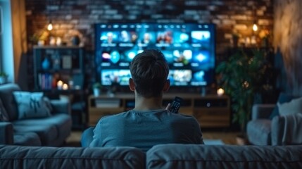 The young man is changing television channels with the remote control while sitting on a sofa - obrazy, fototapety, plakaty