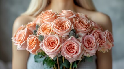  A woman holds roses in front of her face, while a man is visible behind her