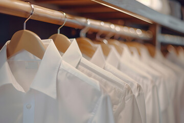Clothes white shirt hanging on hanger. Clothing store pastel color, showroom. Store room with office clothes to choose from