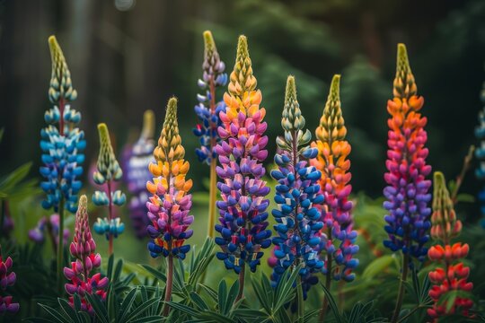 A closeup shot of colorful large-leaved lupine flowers in a forest