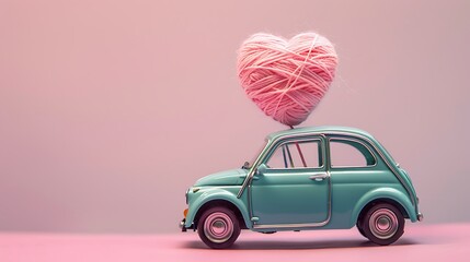 Miniature toy blue car delivering pink thread heart for Valentine day pink background