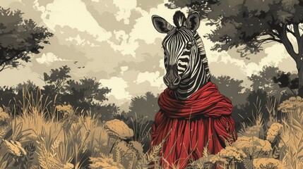 Naklejka premium A depiction of a zebra adorned in red attire amidst a sea of high grass and surrounded by tree line