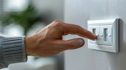 Wall socket switch is being pushed by a male hand - obrazy, fototapety, plakaty