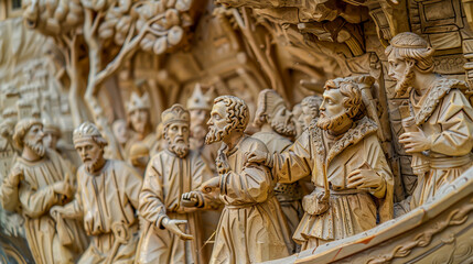 Intricate Wood Carving of Historical Figures