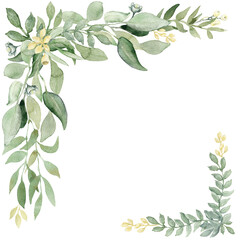 Frame with spring greenery, watercolor illustration with leaves on transparent background - obrazy, fototapety, plakaty
