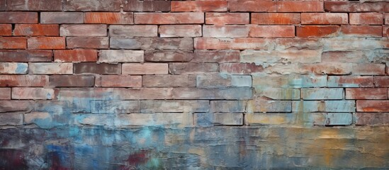 Detailed shot of brick wall covered in graffiti art