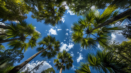 Obraz na płótnie Canvas Summer background : An upward perspective of tall palm trees against a clear blue sky, showcasing nature's grandeur