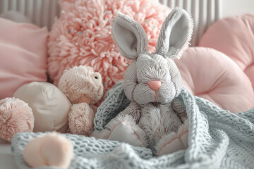 easter bunny in a basket. The Easter, curious bunny is wrapped in a soft powder blue pastel blanket, surrounded by a bunch of plush, stuffed animals and pillows in a cozy, cozy corner. - Powered by Adobe