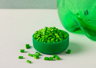 Plastic granules for the production of plastic bottles.