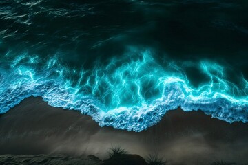 Sea and bioluminescent algae wave beach night top view