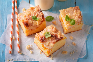 Sweet and delicious peach cake served with milk.