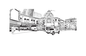 Print Building view with landmark of Reno is a city in U.S. state. Hand drawn sketch illustration in vector.