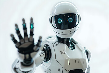 Naklejka premium Greeting robot waves his hand, hello technology of future. Friendly character android. Robot communication and help, ai computer