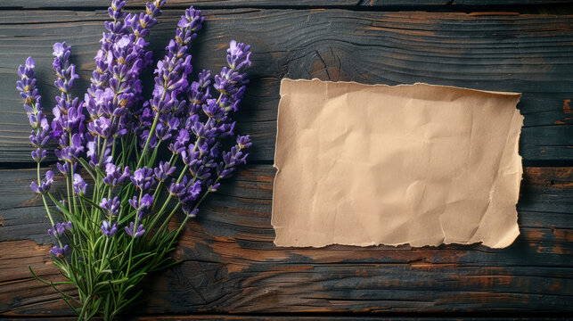 Bouquet of cut fresh branches of purple lavender (Lavandula angustifolia). Flowers, grass with empty craft brown paper label on background of surface of old wooden table. Top view. Copy space. Mock-up