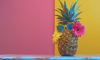 A quirky pineapple adorned with sunglasses and colorful flowers stands against two-tone background,...