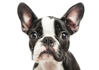 Charming Boston Terrier Puppy Eyes, White Background - obrazy, fototapety, plakaty