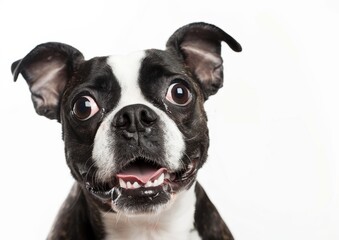 Charming Boston Terrier Puppy Eyes, White Background - obrazy, fototapety, plakaty
