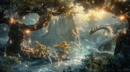Enchanted Forest with Mythical Dragon and Temple