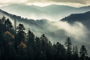 Serene Smoky cloudy mountains trees natural. Cloud nature. Generate AI