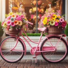 Fototapeta na wymiar A Vintage Pink Bicycle with Baskets of Flowers
