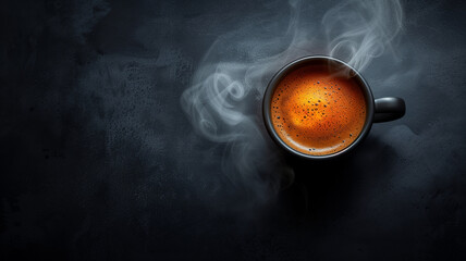A Warm Embrace: The Inviting Aroma of Fresh Coffee on a Black Background with Copy Space