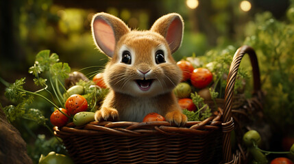  cute rabbit is eating fresh carrots, sitting on a basket, in a green garden full of carrot plants, Generate AI