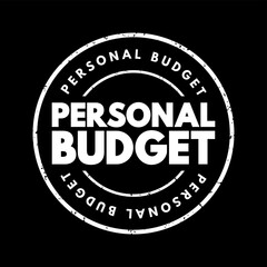 Personal Budget - finance plan that allocates future personal income towards expenses, savings and debt repayment, text concept stamp