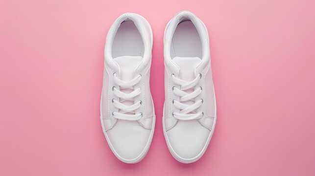 Pair of white male sneakers on a pink background