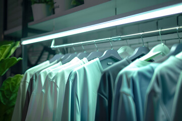 Clothes shirt hanging on hanger. Clothing store pastel color, showroom. Store room with clothes to choose from