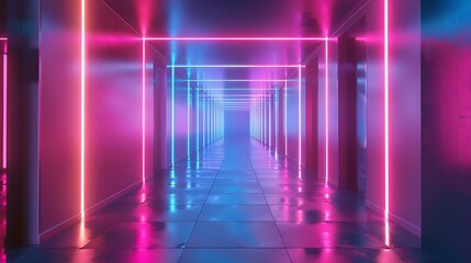 Perpetual trip in a modern dull passage with neon lighting - obrazy, fototapety, plakaty