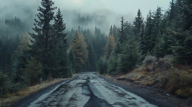 Image of a forest road on a cloudy day