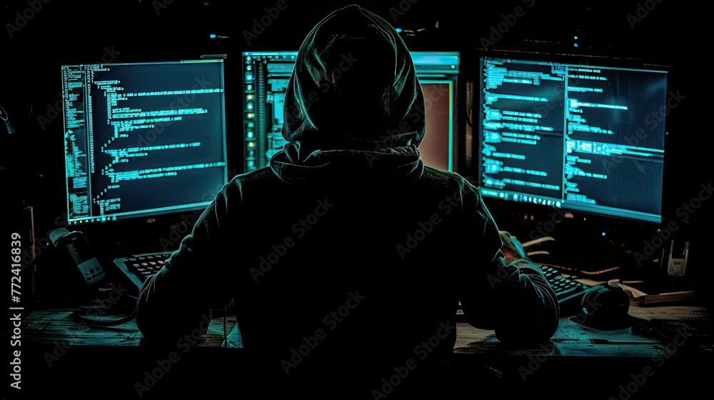 Poster hacker with a hoodie sits in a dark room, typing malicious code on a computer committing cybercrime