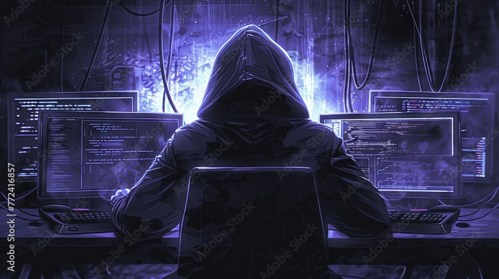 Poster hacker with a hoodie sits in a dark room, typing malicious code on a computer committing cybercrime