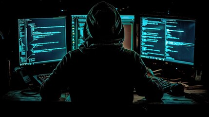 Hacker with a hoodie sits in a dark room, typing malicious code on a computer committing cybercrime 